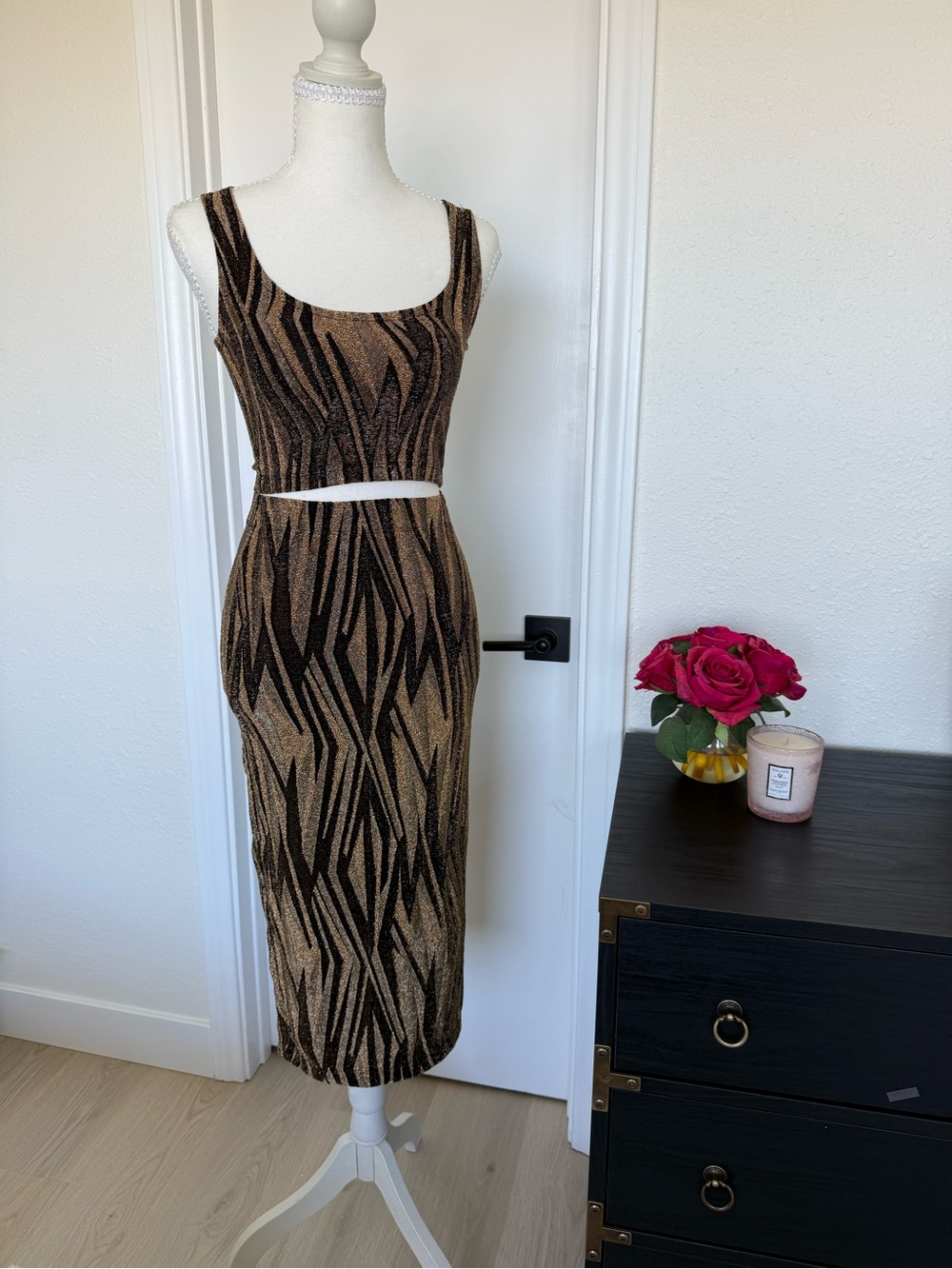 o.p.t. Sleeveless Two-Piece Knit Dress in Metallic Brown and Black NWT Sz Sm
